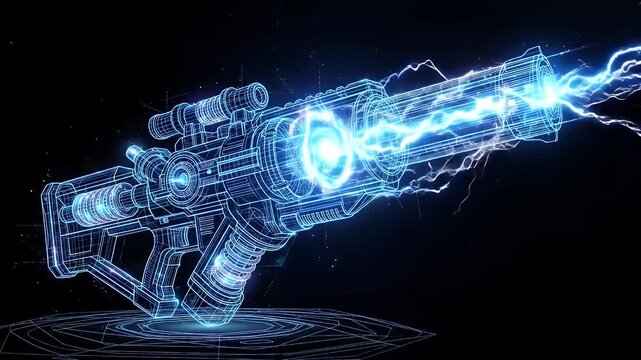 A futuristic, glowing blue wireframe laser cannon is depicted on a dark, abstract background. The weapon is actively charging, emitting bright blue energy and lightning effects from its core and