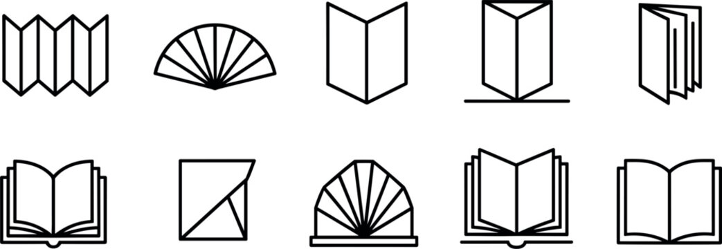 Book and Reading Icon Set with Open Closed Books Pages Folding Paper and Study Symbols Minimal Line Vector Collection for Education and Library Design