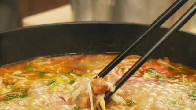 Vietnam traditional pho bo soup on delivery, Beef noodles. Pho Bo Soup with beef, rice noodles, ginger, lime, chili pepper in bowl. Vietnamese cuisine. Pho Noodle Soup restaurant Close-up.