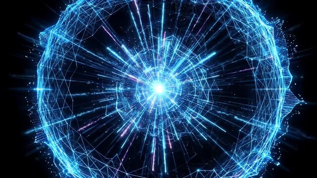 A vibrant blue wireframe sphere, resembling a futuristic shield or barrier, expands outward on a dark black background.