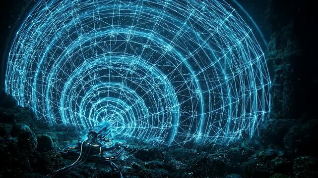 An advanced underwater device emits a bright, expanding blue wireframe sonar pulse across a dark, rocky seabed.