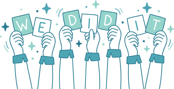 We did it hands holding letter cards vector banner for team success achievement social media post