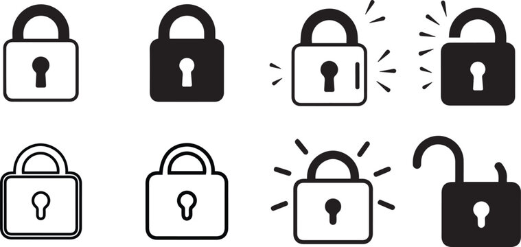 Padlock security icon set locked and unlocked symbols outline and solid styles for privacy and protection UI