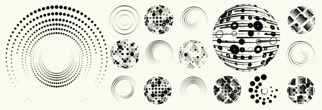 Abstract circular halftones element set, geometric dotted ring and spiral circle shapes for modern design, technology, or motion graphic backgrounds. Dotted round elements, radial spirals, and vortex.