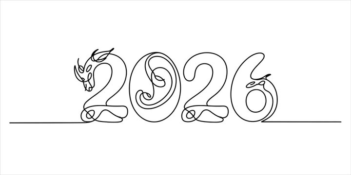 Continuous single line drawing of 2026 year with a stylized dragon head integrated into the number two for chinese new year celebration Vector, illustration