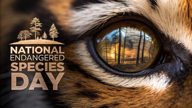 Endangered Species Day, Detailed tiger eye close up showing reflection of forest and nature.