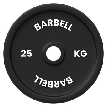 A black 25 kg weightlifting disc with the inscription "BARBELL."