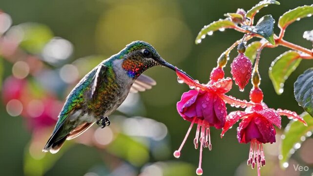 Hummingbird in flight feeding on vibrant fuchsia flowers
