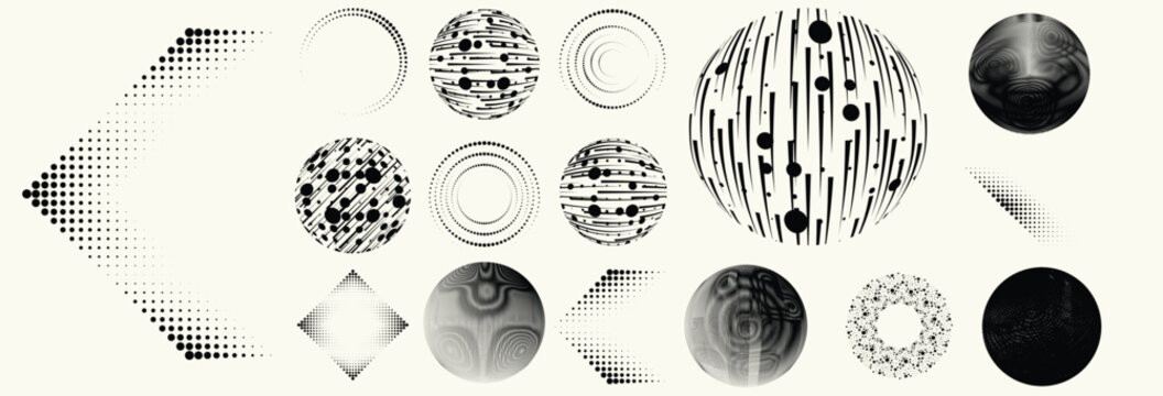 Abstract circular halftones element set, geometric dotted ring and spiral circle shapes for modern design, technology, or motion graphic backgrounds. Dotted round elements, radial spirals, and vortex.