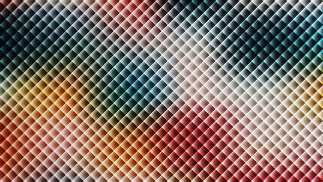 Abstract background with a diagonal grid pattern of glowing squares in a spectrum of colors including red, blue, yellow, and white