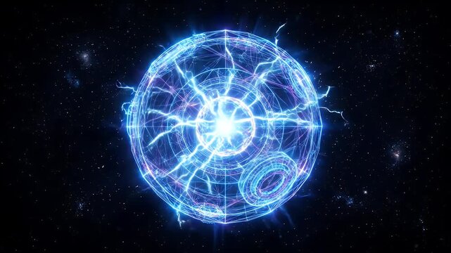 A vibrant blue and purple wireframe sphere pulses with intense electrical energy and lightning discharges in the vacuum of deep space.
