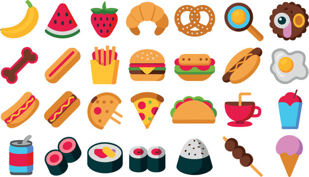 Colorful food and drink flat icon set featuring vector illustrations of pizza, burger, sushi, fruits, snacks, and fast food for menu design.