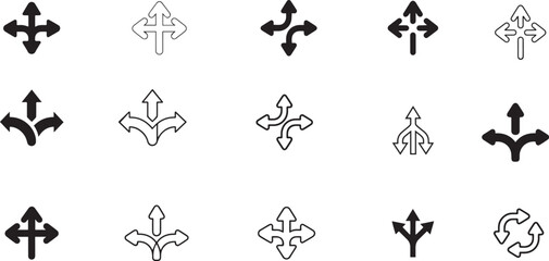 Fototapeta premium Directional arrow icon set navigation symbols in multiple directions solid and outline styles for interface design
