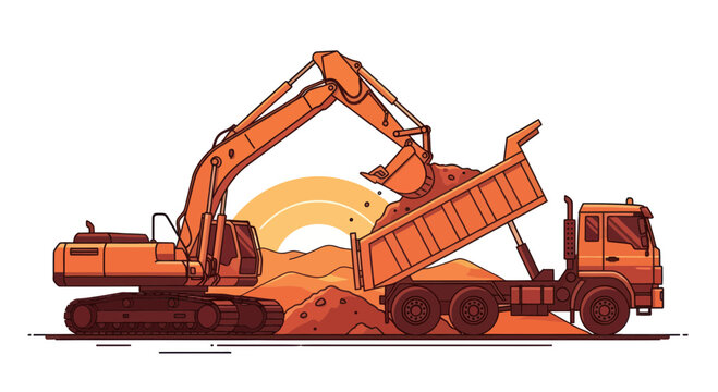 Excavator Loading Sand into Dump Truck on Construction Site