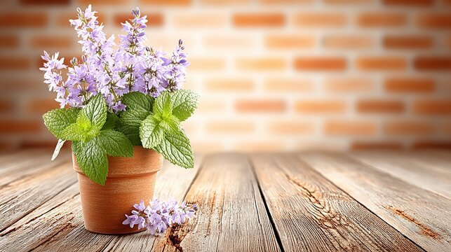 Eye level close-up of purple campanula pot, visible distressed wood grain and wear, warm brick wall with mortar lines in background, soft even lighting.