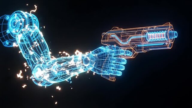 A futuristic glowing blue wireframe robotic arm is depicted against a black background. The arm is holding a wireframe weapon and is surrounded by bright white and blue particles, with orange
