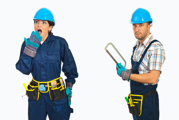 Fototapeta premium Two workers in blue gear stand side by side