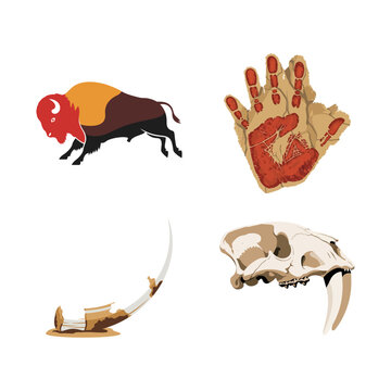 Prehistoric Wildlife and Primitive Cultural Elements Vector Collection Bison, Handprint, Tusk, Skull Art Set