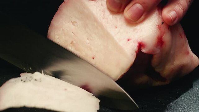 Mutton lamb fat, tail sheep fat piece on kitchen, close up of middle eastern traditional lard, chef cooking dish on kitchen. 