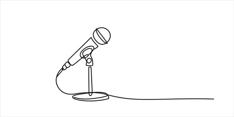 Continuous single line drawing of a microphone on a stand used for singing music podcast recording and public speaking audio equipment Vector, illustration © Rimi Kailash Arts