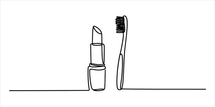 Continuous single line drawing of a lipstick and a toothbrush side by side in a simple minimalist style for beauty and health concepts Vector, illustration