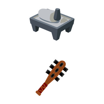 Ancient Mesoamerican Cultural Artifacts Vector Grinding Stone Metate and Indigenous Club Weapon