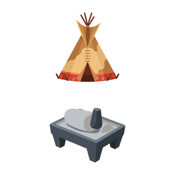 Vector Illustration of Traditional Indigenous Teepee and Metate Grinding Stone Icons Set