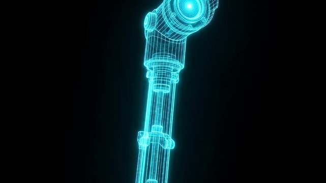 A bright blue glowing wireframe video of a submarine periscope ascends from the bottom of the frame against a stark black background.