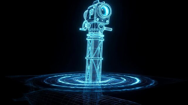 A bright blue glowing wireframe periscope emerges from a futuristic holographic grid surface, indicating a rising submarine.