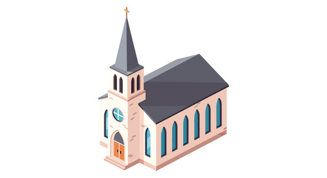 Isometric church building with steeple and arched doorway simplified geometric silhouette high quality professional detailed modern elegant stylish clean crisp vibrant