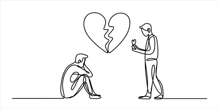 Sad man sitting and another man standing with a broken heart symbol drawn in a continuous line art style for relationship breakup concept Vector, illustration