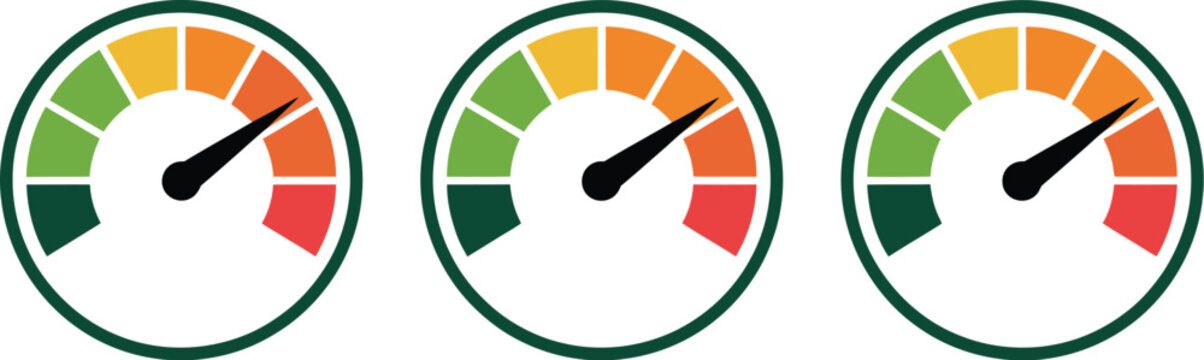Low high medium priority icon set, progress scale measurement for poor or good status, pressure power and car fuel level indicators, clean modern vector design for dashboards systems and status 