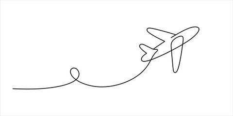 Simple one line drawing of a flying airplane with a continuous trail path showing travel and movement for air transport and aviation design Vector, illustration © Continues One Line D