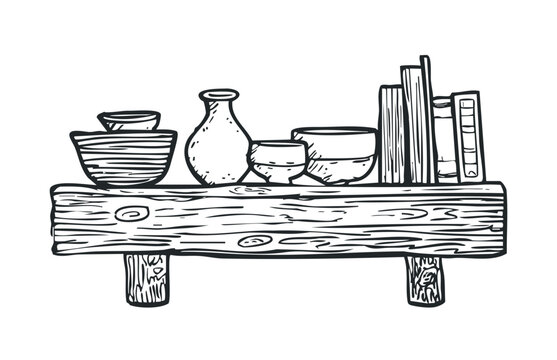 Rustic wooden shelf holds various decorative objects and books, creating a charming hand-drawn illustration with a cozy, organized aesthetic.