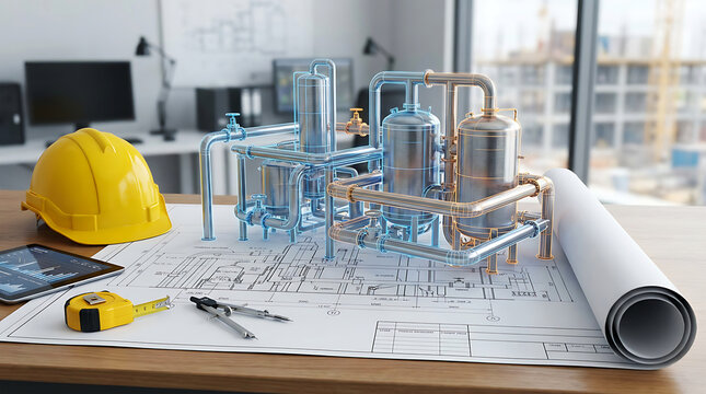 Engineering Blueprint with 3D Holographic Industrial Pipe Model and Hard Hat