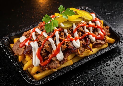 Kapsalon with doner kebab meat, french fries, and sauce