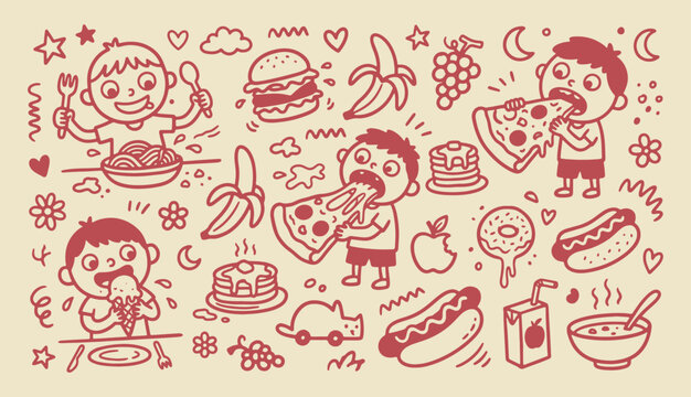 Fun hand drawn doodle of children eating pizza spaghetti and ice cream with various snacks fruits and drinks icons