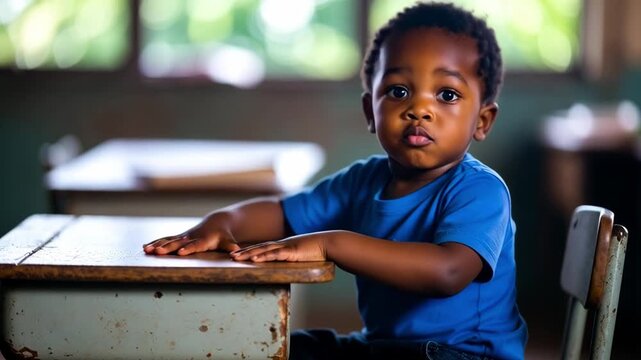Static shot of toddler turning and looking while seated at school desk inside classroom with natural daylight through window