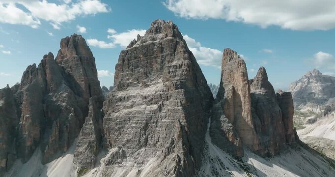 Aerial shot of the Three Peaks of Lavaredo, Sexten Dolomites, Italy