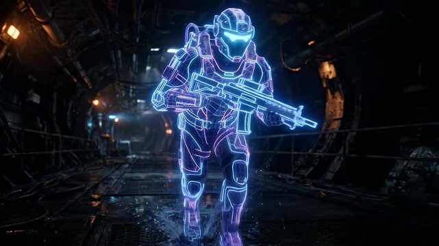 A futuristic soldier, video as a glowing neon wireframe in blue and pink, moves forward through a dark, atmospheric industrial corridor.