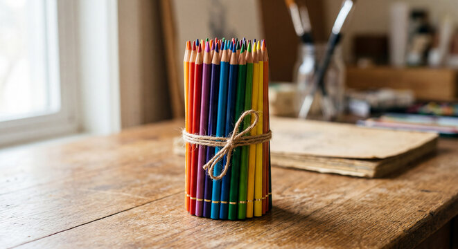 A neatly arranged bundle of colored pencils tied together with a thin twine string