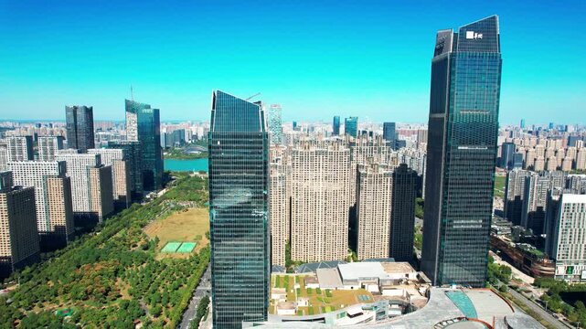 Beijing China modern city skyline with skyscrapers and urban park