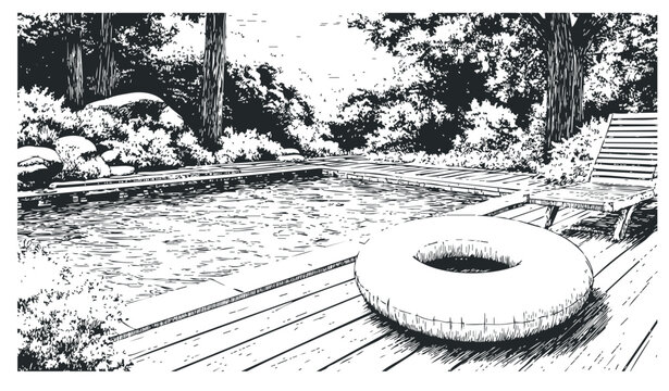 Serene swimming pool area with a wooden deck, lounge chair, and inflatable ring surrounded by lush trees and natural foliage in a hand-drawn ink illustration style.