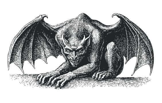 Menacing mythical gargoyle creature with large bat wings crawls forward with a fierce expression and sharp claws in a detailed engraving style.