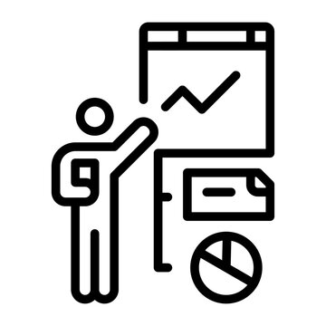 Icono de presentaci&oacute;n de proyectos. Representa exposici&oacute;n de ideas. Incluye an&aacute;lisis, gr&aacute;ficos, reporte, crecimiento, resultados. Ilustraci&oacute;n vectorial