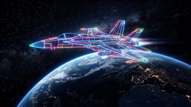 A futuristic space fighter jet, video as a glowing neon wireframe in multiple vibrant colors, flies in orbit above planet Earth.