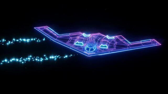 A futuristic, wireframe stealth bomber, video with glowing neon lines in blue and purple, flies across a dark, black background.