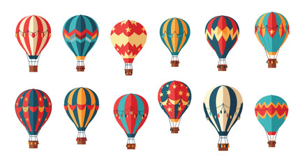 Obraz premium Large collection of colorful hot air balloons with various patterns and designs floating against a white background.