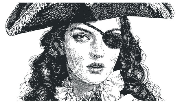 Female pirate character with an eye patch and a tricorn hat, depicted in a classic engraving style, evoking adventure and historical maritime themes.