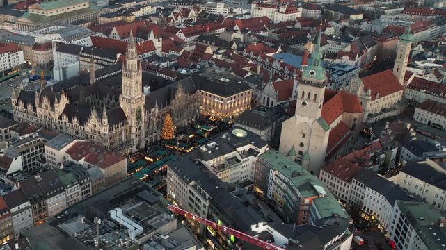 An aerial panorama view around the old town in the capitol city Munich during the Christmas time ona cloudy afternoon.